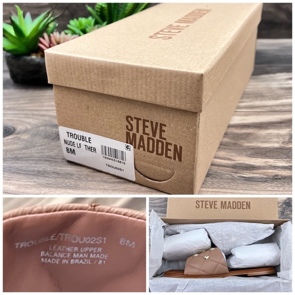 NIB Steve Madden Trouble Tan Nude Leather Pyramid Stud Slide Sandal 8M - Picture 9 of 10
